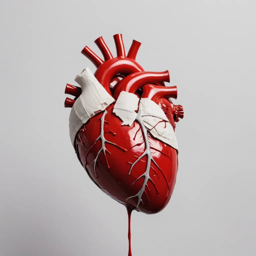 صورة قلب انسان ومشقوق بلون وعليه ضماضة ومجروح ويقطر دم