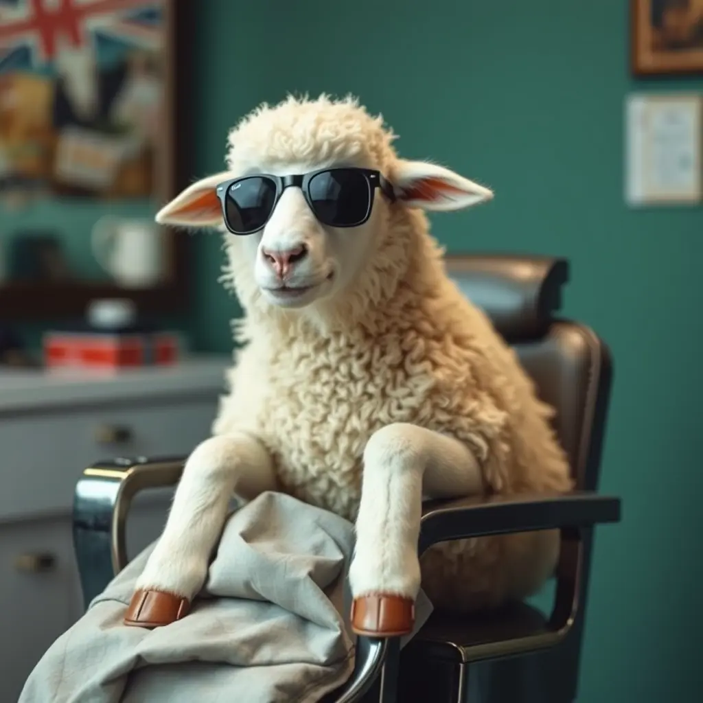 خروف يجلس علي كرسي حلاقة ويرتدي نضارة شمس