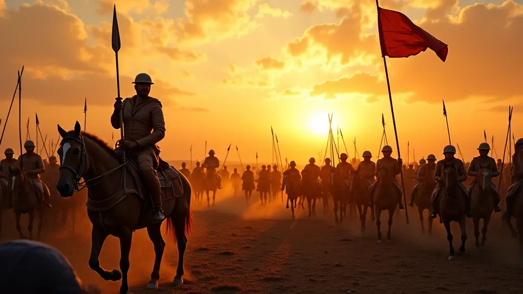 "The Byzantine army is in complete disarray, with soldiers retreating in panic. The camera follows their leader, Theodoros, as he looks around in shock before fleeing. Arrows fly through the air, banners fall, and the Muslim army advances victoriously. The scene transitions into a panoramic view of the battlefield, showing fallen Roman soldiers, abandoned shields, and the victorious Muslim warriors raising their swords in triumph under the golden sunset."