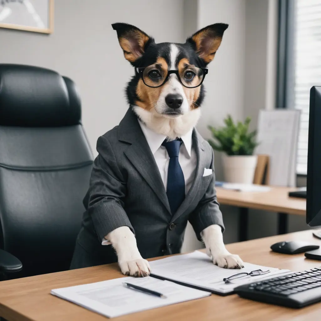 صورة كلب يرتدي بدله ونظارة ويعمل في المكتب