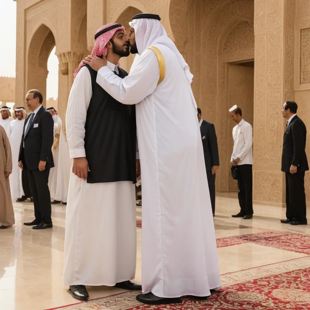 رجل سعودي طويل يقبل ويحتضن رجل سعودي طويل