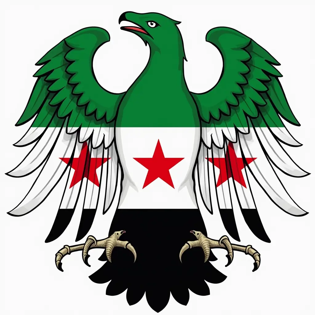 شعار نسر الجمهورية العربية السورية ملوُن من الداخل بألوان سوريا. من اليمين باللون الأخضر ومن النصف ابيض وفوق اللون الأبيض ثلاث نجوم من اللون الأحمر و من جهة اليسار باللون الأسود