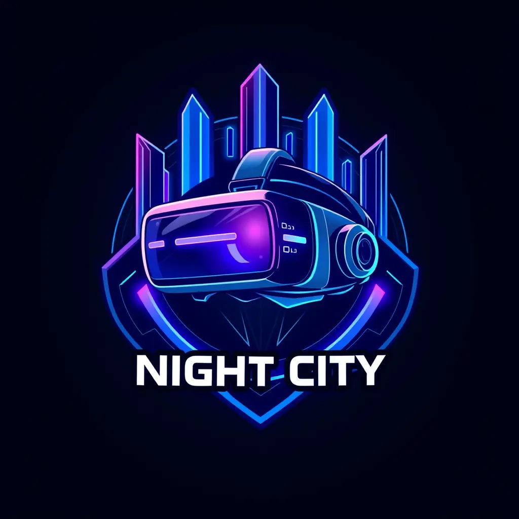 Generate a detailed futuristic style logo in 2d for a company named 'Night City ' in the entertainment field. The logo should prominently feature hologram vr headset which uses cold colors palette.