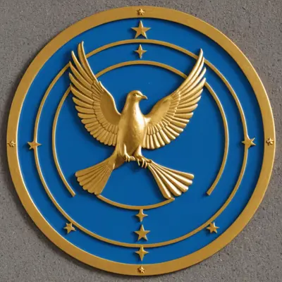 بدي لوغو لجمعية يكون ضمن دائرة لون ذهبي حقيقي وضمن الدائرة حمامة الأعمال الإنسانية بلون أزرق نيون لامع