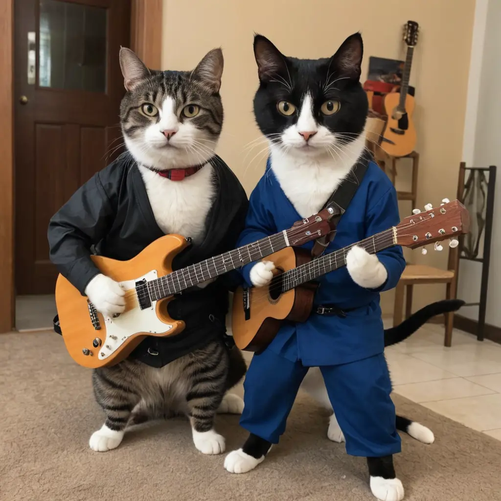 قط مكسيكي يعزف الجيتار و بجانبه نينجا و بروسلي