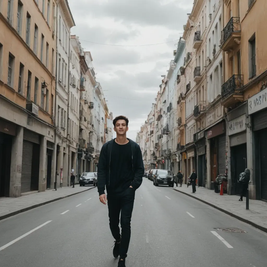 صورة شاب يمشي وسط شارع طويل محاط العماير على الجوانب