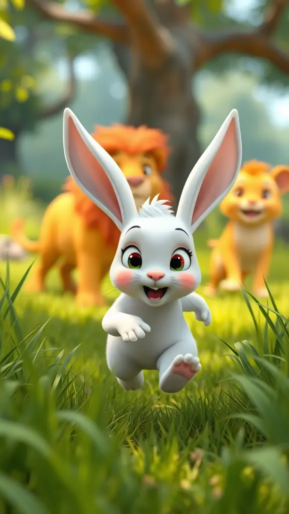 أرنب كرتوني ثلاثي الأبعاد صغير ولطيف، فروه أبيض مع أذنين طويلتين، يظهر وهو يجري بسرعة بين الأعشاب الخضراء، وملامحه مليئة بالخوف والدهشة. في الخلفية يظهر أسد كرتوني شاب وودود يقف بعيداً، المشهد في غابة كرتونية مضيئة، ألوان زاهية وجودة عالية.