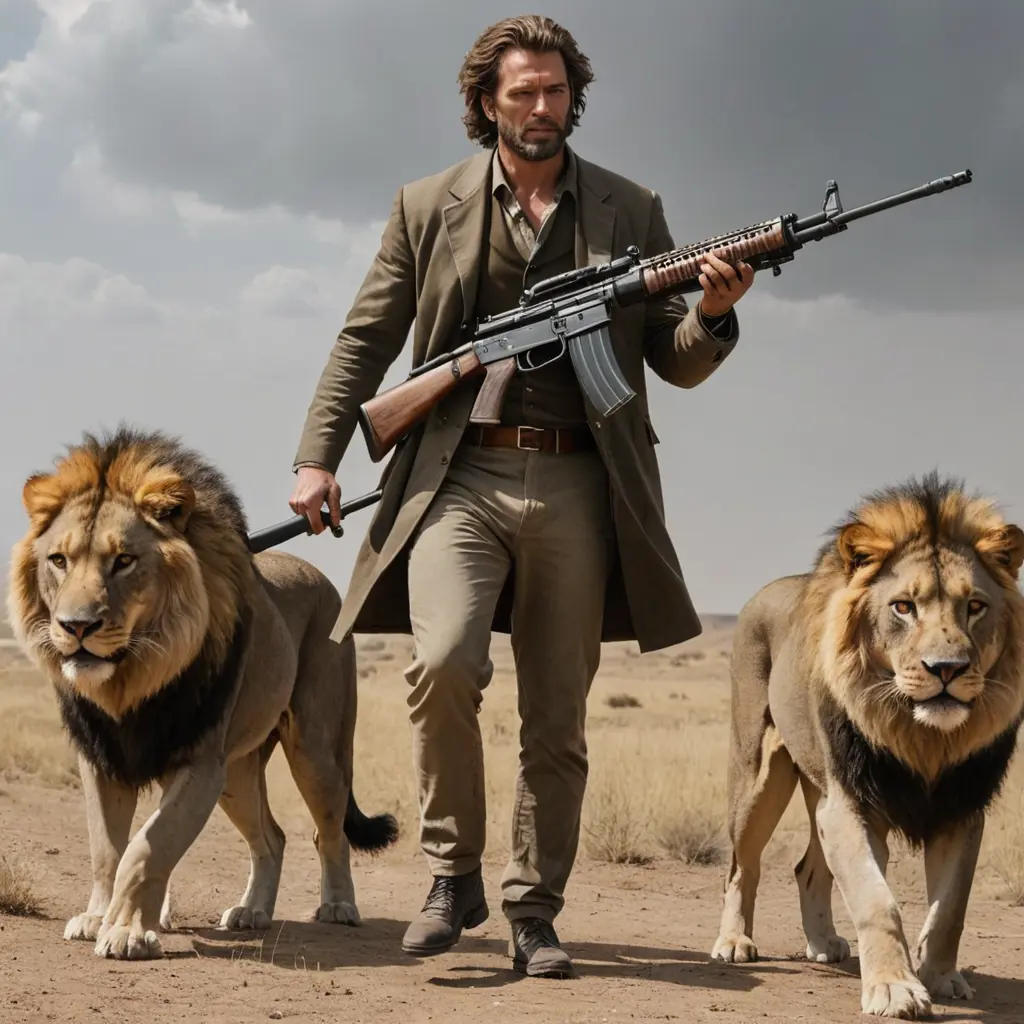 رجل هيبه طويل وعريض ولهو هيبه ويحمل سلاح رشاش ناري وبرفقته اسد وذئب ويحسس عليهما