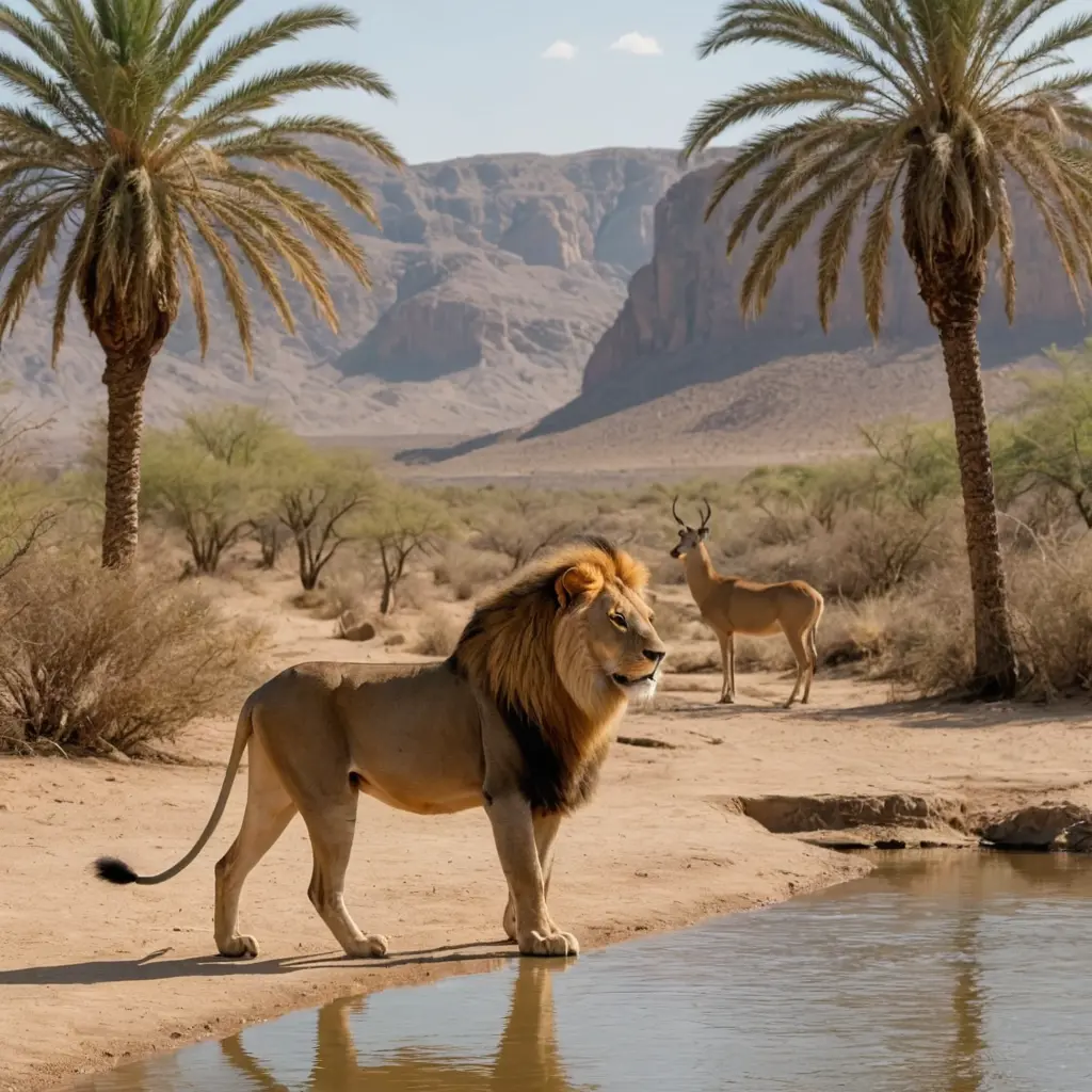 اسد وغزالة في الصحراء بينهم نهر صغير ونخليل والغزالة من جهة الثانية من النهر تنظر الأسد وهو ينظر لها ايضا 