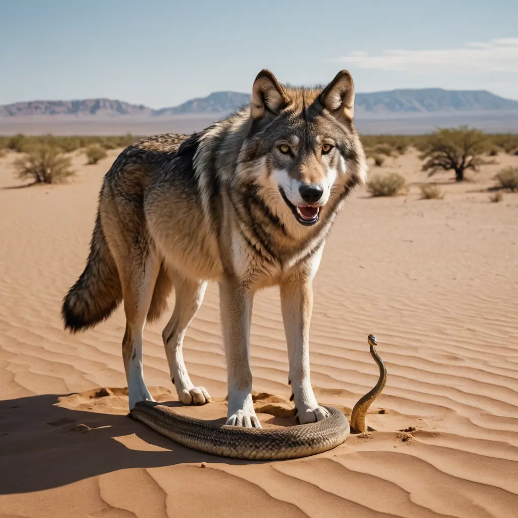 صورة ذئب مع افعى في صحراء كبيرة