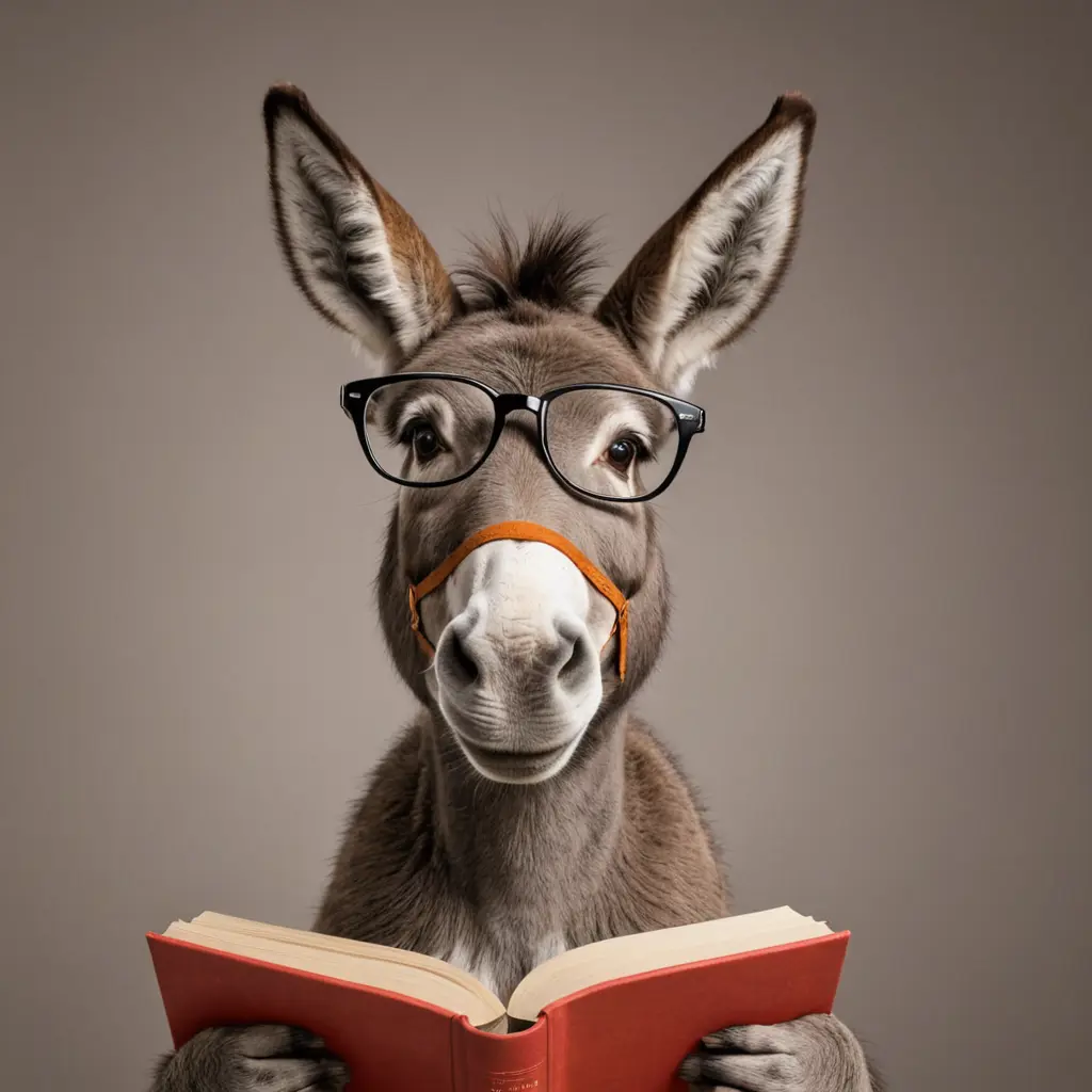 صورة حمار صغير لابس نظارة يمسك كتابا
