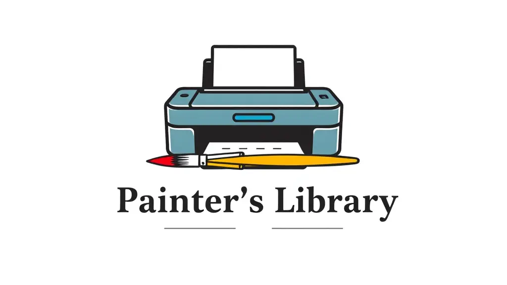 شعار أنيق لمكتب استنساخ وطباعة كتب يتكون من طابعه فوق الطابعه فرشة رسم باسم مكتبة الرسام
