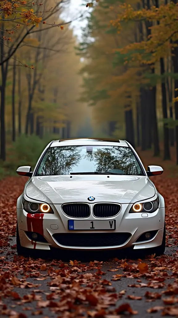 سيارة BMW M5 E60 لونها ابيض وعليها دماء  في الغابة