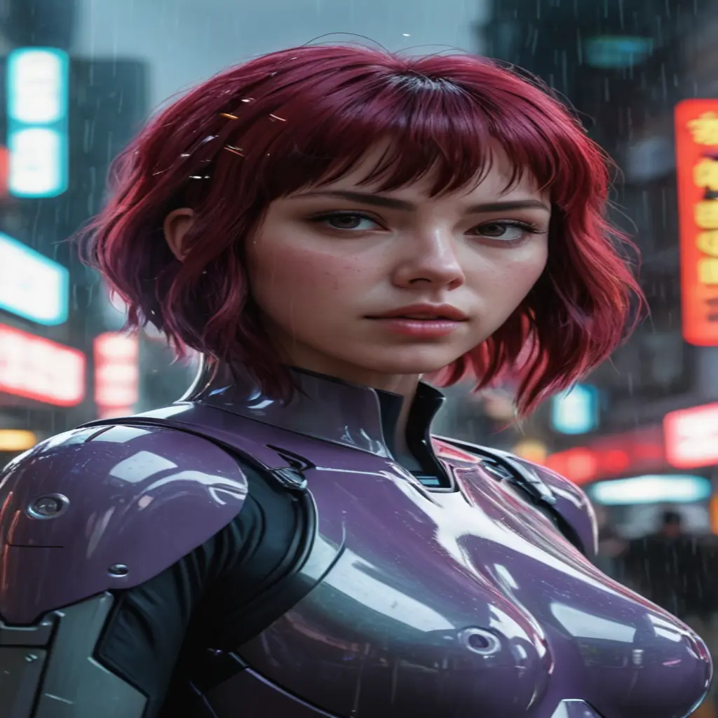 Anime art of ghost in the Shell, detailed scene, red, perfect face, intricately detailed photorealism, trending on artstation, neon lights, rainy day, ray-traced environment, vintage 90's anime artwork.