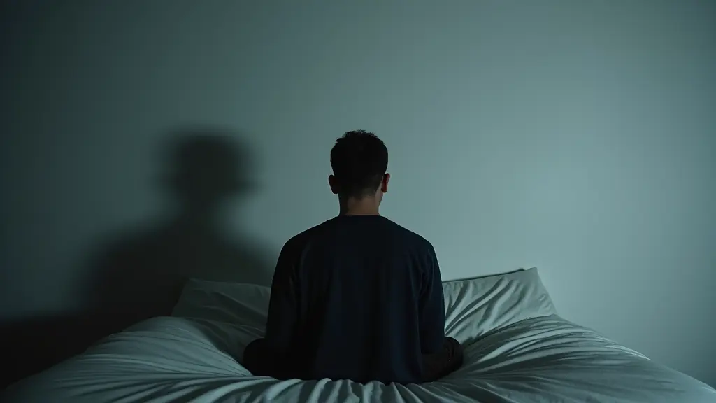 رجل يجلس على حافة سريره في ضوء خافت، يحدق بصمت في حائط أبيض فارغ، مع ظل رأسه ممتد عليه بشكل يوحي بالغموض والقلق.