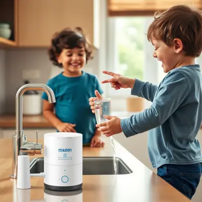 A realistic scene of two young children playing happily in a modern kitchen. One stands near the sink holding a glass of water, while the other laughs and points to the water filter installed behind the faucet. The kitchen is well-lit, with warm colors and clean surfaces, creating a sense of comfort. Details are clear, with an emphasis on the filter and the pure water flowing from it.
