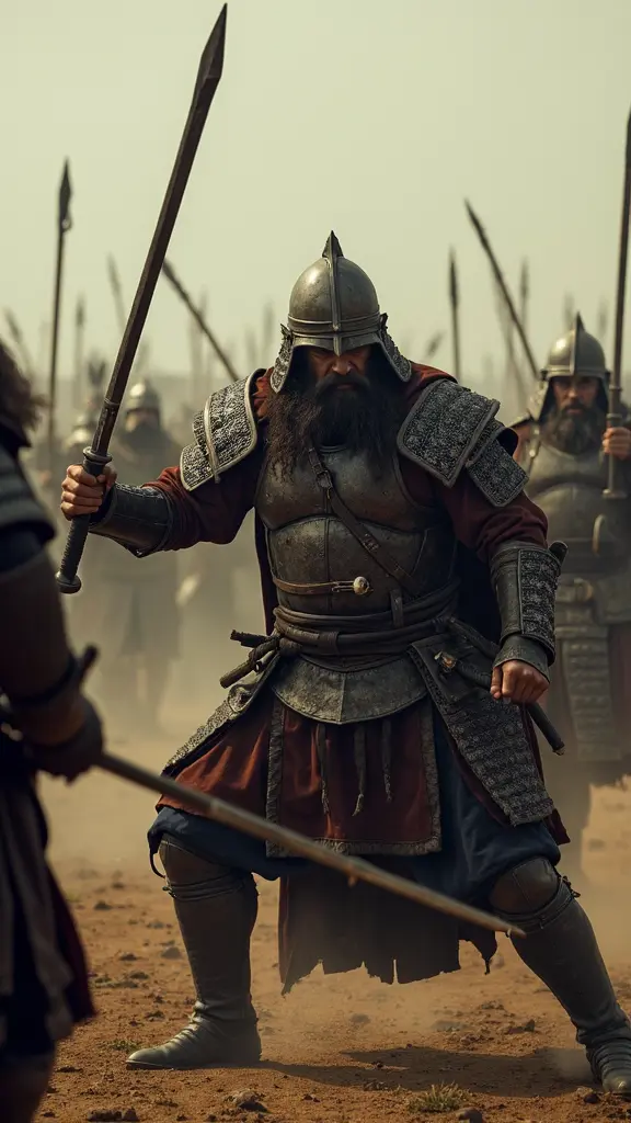 Warriors from Vikings or Samurai in dramatic combat scenes, detailed armor, cinematic action lighting.