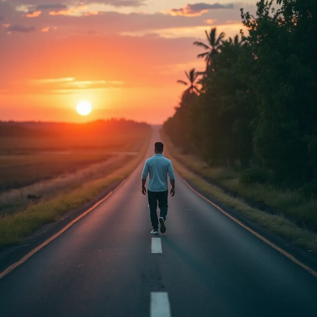 رجل يمشي على طريق طويل مع غروب الشمس