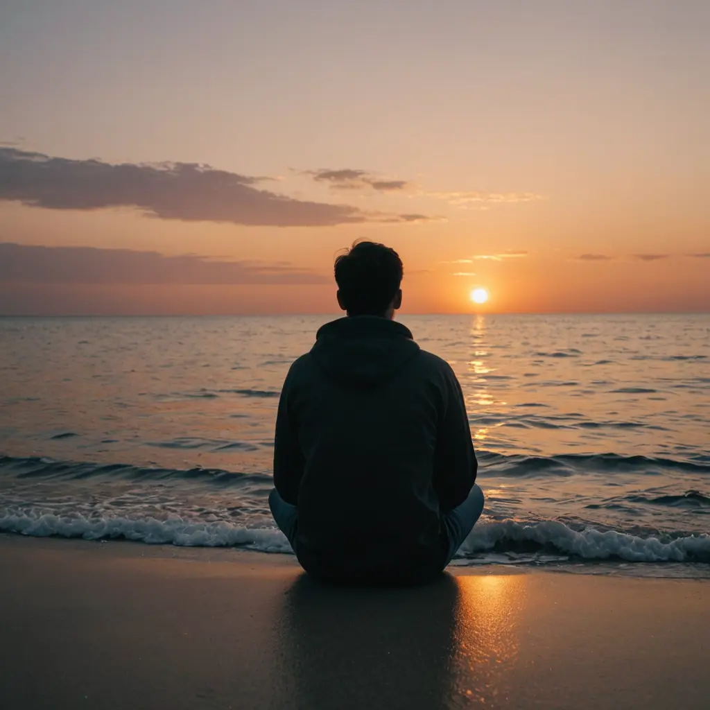 صورة لشخص يجلس حزينا على البحر وقت غروب الشمس