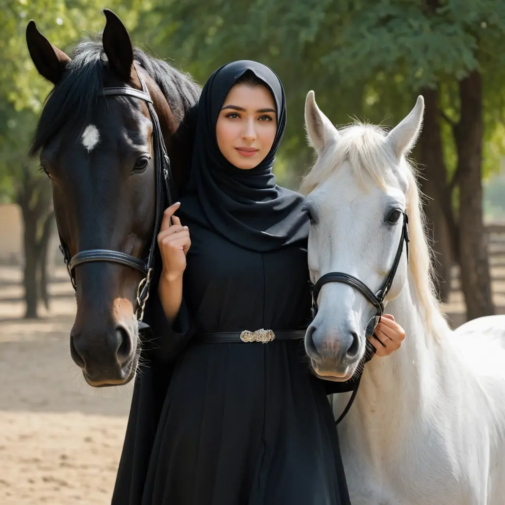 فتاه مسلمه ترتدي الحجاب الشرعي وعباه سوداوتغطي وجهها وتركب على الخيل العربي لونه اسود فحل وبيدها الاخرا تمسك حصان ابيض جميل