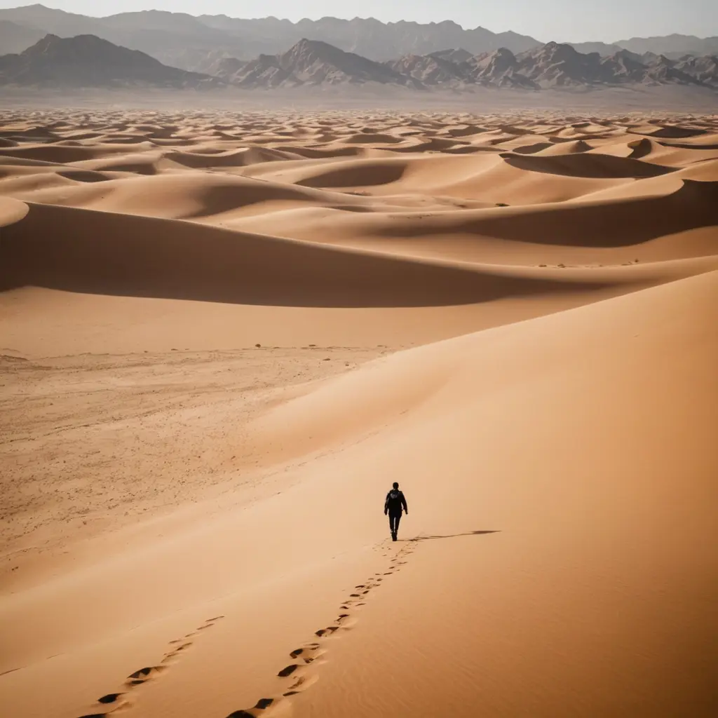 شخص يمشي في الصحراء 