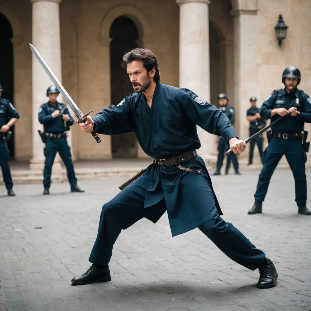 رجل مخيف يحمل سيفا طويل و يتشاجر مع الشرطة