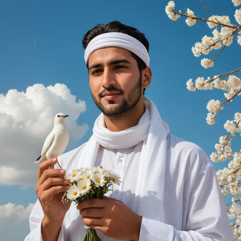 صوره لرجل يرتدي دشداشه بيضاء ووشاح ابيض حوله زهور وبيده طير ابيض خلفيه سماء وغيوم