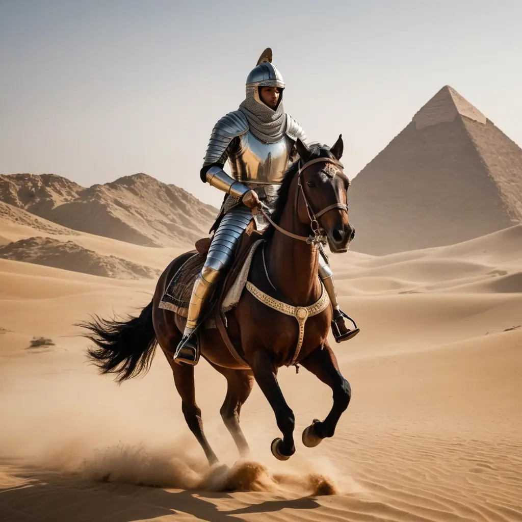 فارس بملامح مصريه راكب حصان وسط الصحراء بدون خوذه ويشهر سيفه
