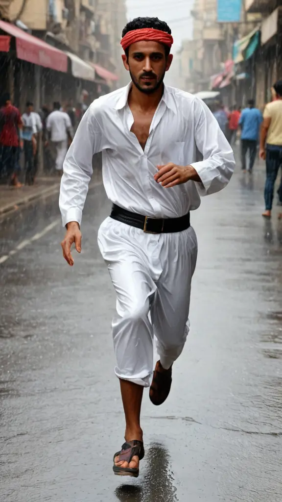 صوره رجل يمني بالزي اليمني يجري بالشارع بين المطر