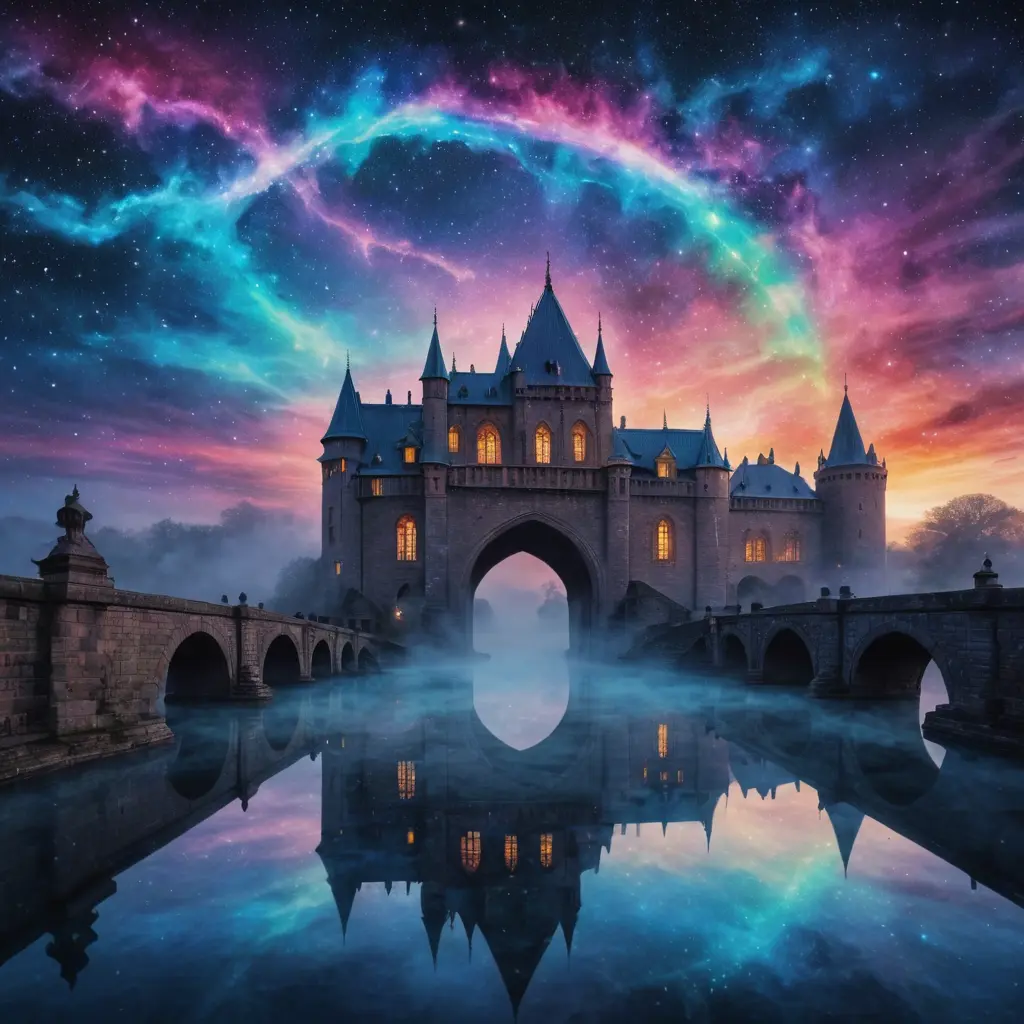 Spectral scroll, overlay double exposure of ghostly writing on a gauzy transparent scroll of glowing words, words in the sky, professional quality wet on wet watercolour, softly fluid blended colours, dark but vibrant sky, soft edges, soft focus, misty atmosphere, breathtaking view of a colourful sunset blending into a starry night sky, liquid starlight over an alien building, a fantasy alien city in the background, luminous fluid stars, dripping stars, beautiful (((stone bridge))) of organic design, brick buildings, misty water, include a palace and a beautiful stone, bridge and cobblestones, organi, sky of beautiful flowing alcohol ink, poisonous colours softly running into each other, edgy composition by Steffi3p0