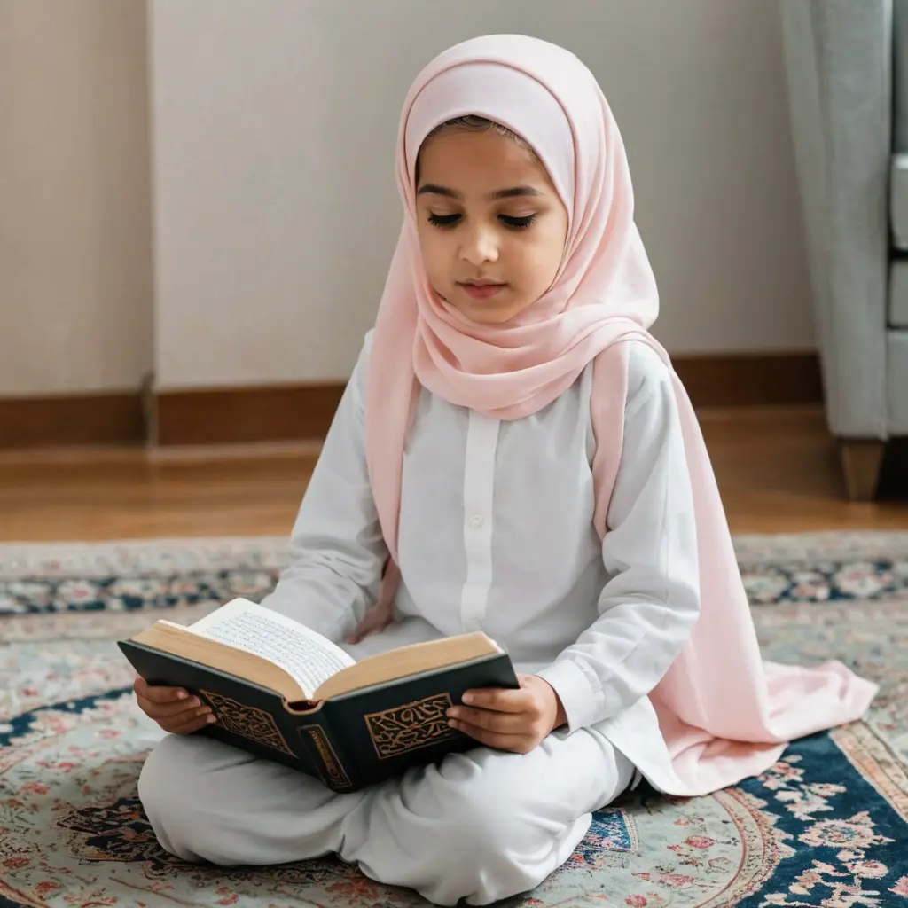 طفلة صغيرة تقرأ القرآن الكريم وهي تلبس الحجاب