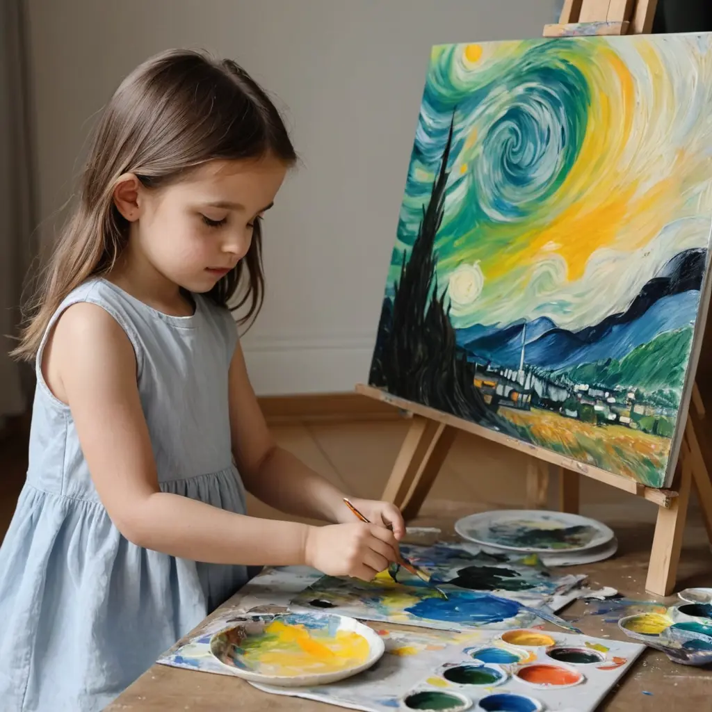 طفلة ai عمرها 5 سنوات ترسم لوحات مع اشهر رسام