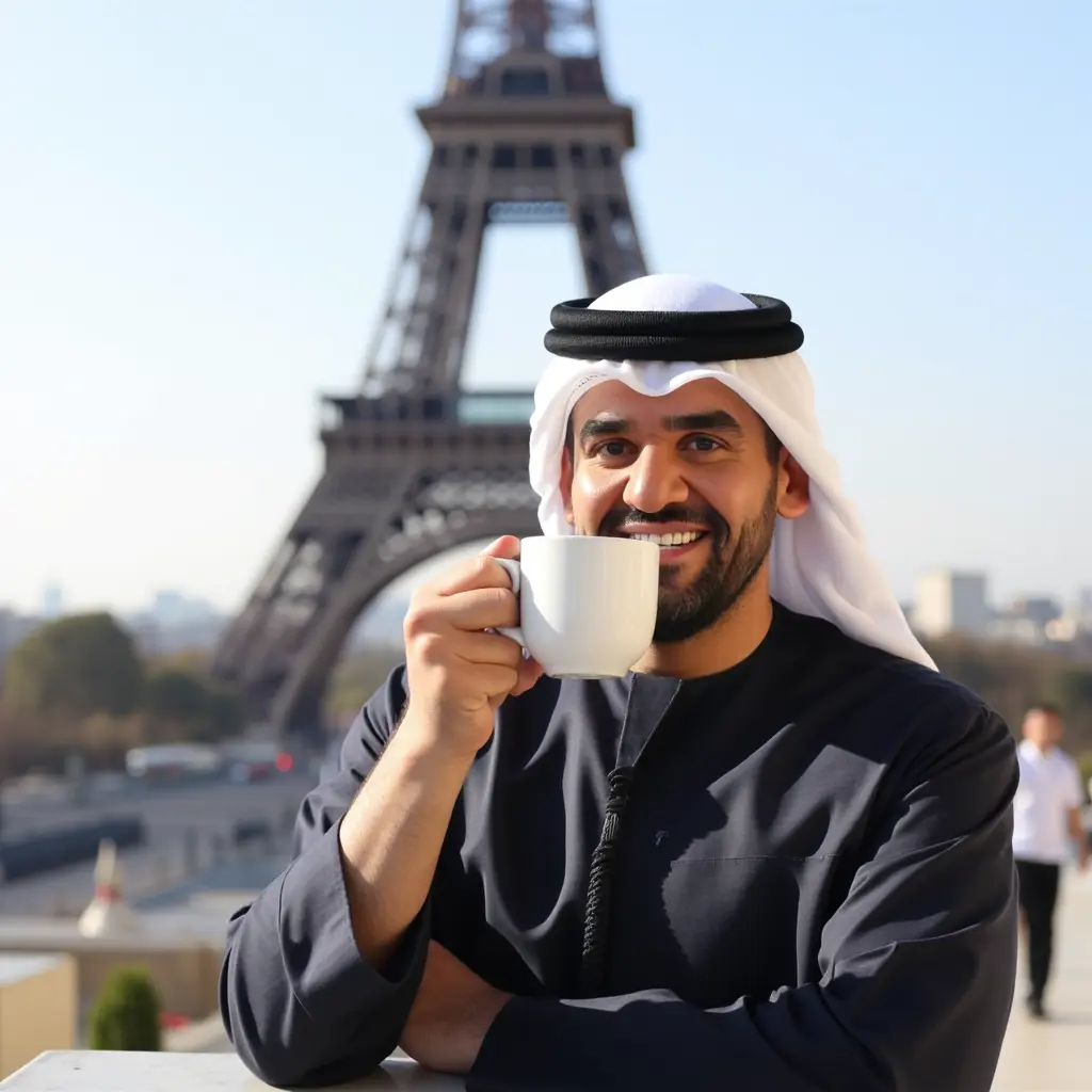 حسين الجسمي يشرب القهوة في فرنسا وفي الخلفية برج أيفيل