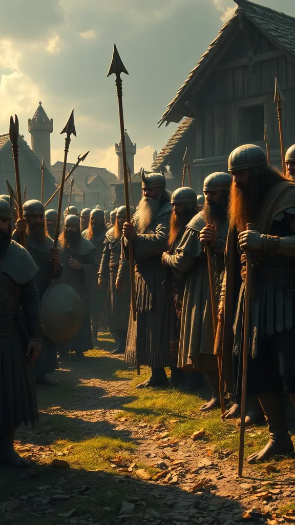 9. fulx reialctic: A dramatic scene where the villagers, now strong and unified, stand together in defense of their kingdom, inspired by their king’s selfless leadership.