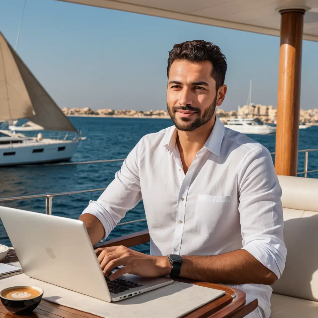 عاوز صوره شاب ثلاثيني ملامح مصريه ويظهر في الصوره لاب توب وأنه يعمل عليه يعيش حياه فارهه ويعمل باستثمار الأموال يصحي من نومه يشرب قهوته علي اليخت الخاص به