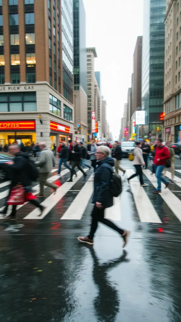 Busy city crosswalk, slow shutter speed, motion blur of crowds, one person in sharp focus, rainy day, reflections on wet pavement