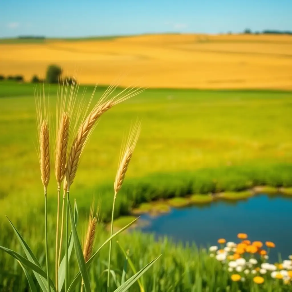 صور سنابل قمح جميله في ارض خضراء واسعه وفي مزرعه جميله جدا والارض مستويه وسنابل القمح ذهبيه ذهبيه وبجوار سنابل القمح وبجوار والمزرعه بحيره صغيره والبحيره عليها ورد
