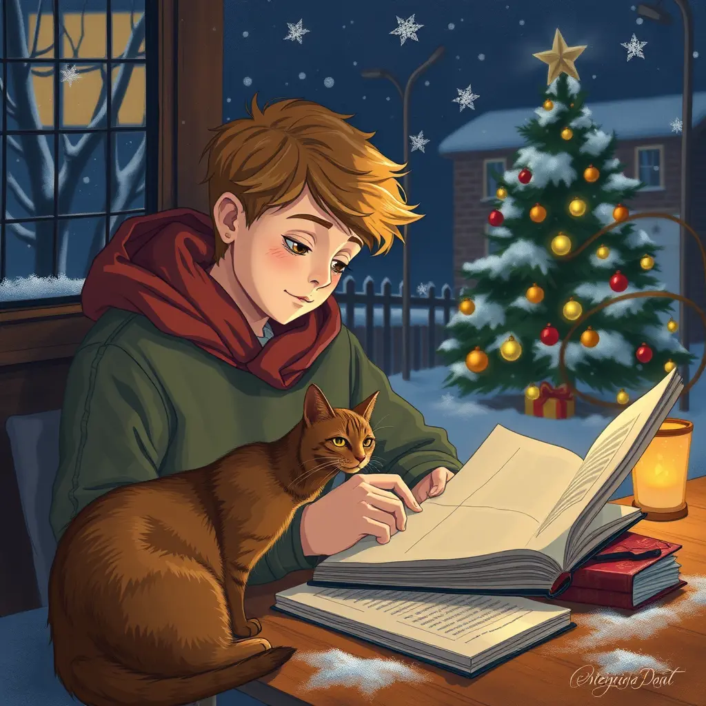 صوره طالب يذاكر دروسه في فصل الشتاء وفي الكرسمس وبجانبه قطه لونها بني فب الليل