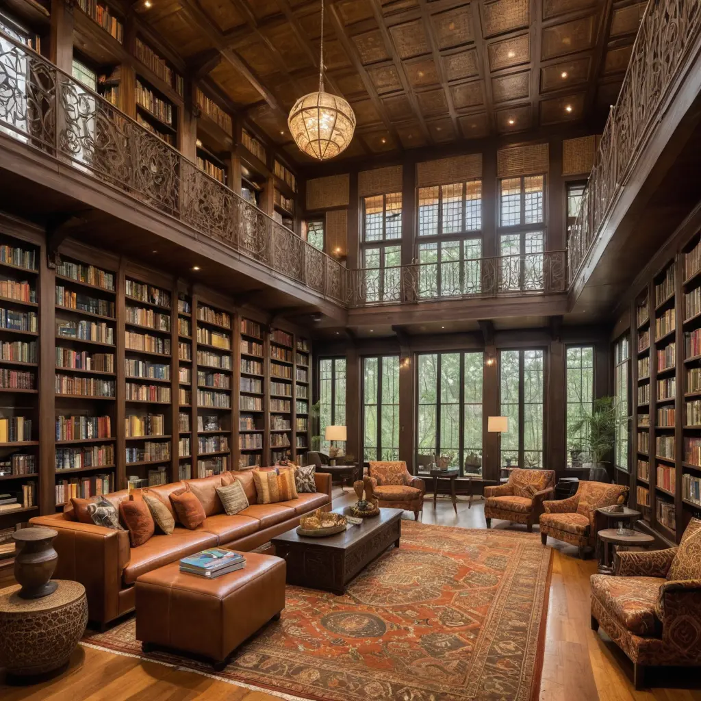 two story library with African inspired designs