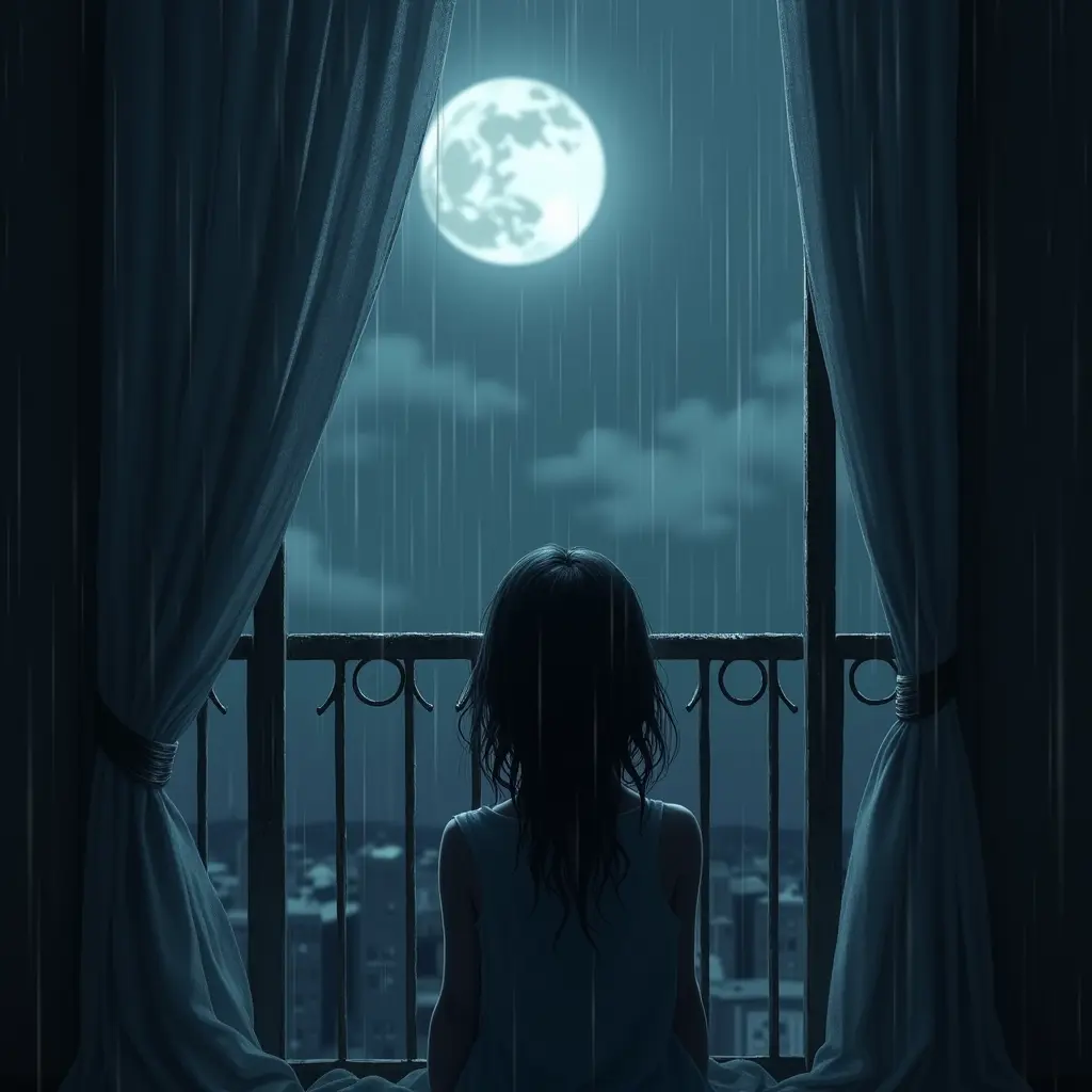 اعطنى فتاه تحت ضوء القمر بجانب شرفتها و الجو يمطر والستائر ترفرف مكسوره وحزينه من الداخل و طبيعيه من الخارج وايضا من الشرفه اظهر شخص يفارقها اظهر ملامحها الحزينه اظهر الشخص الدى يفارقها والستائر التى ترفرف