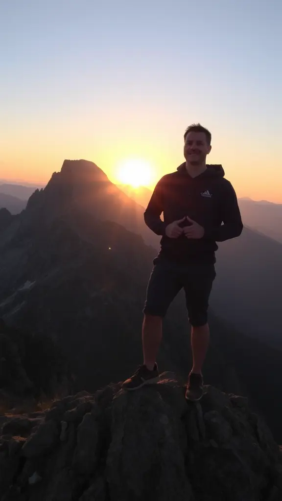 رجل يقف على جبل في وقت الغروب