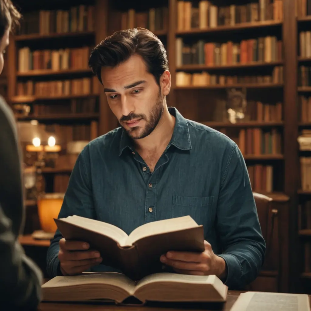 رجل يقرا كتاب ويخرج من الكتاب نور والرجل متفاجئ من الكتاب وتكون خلفية خياليه