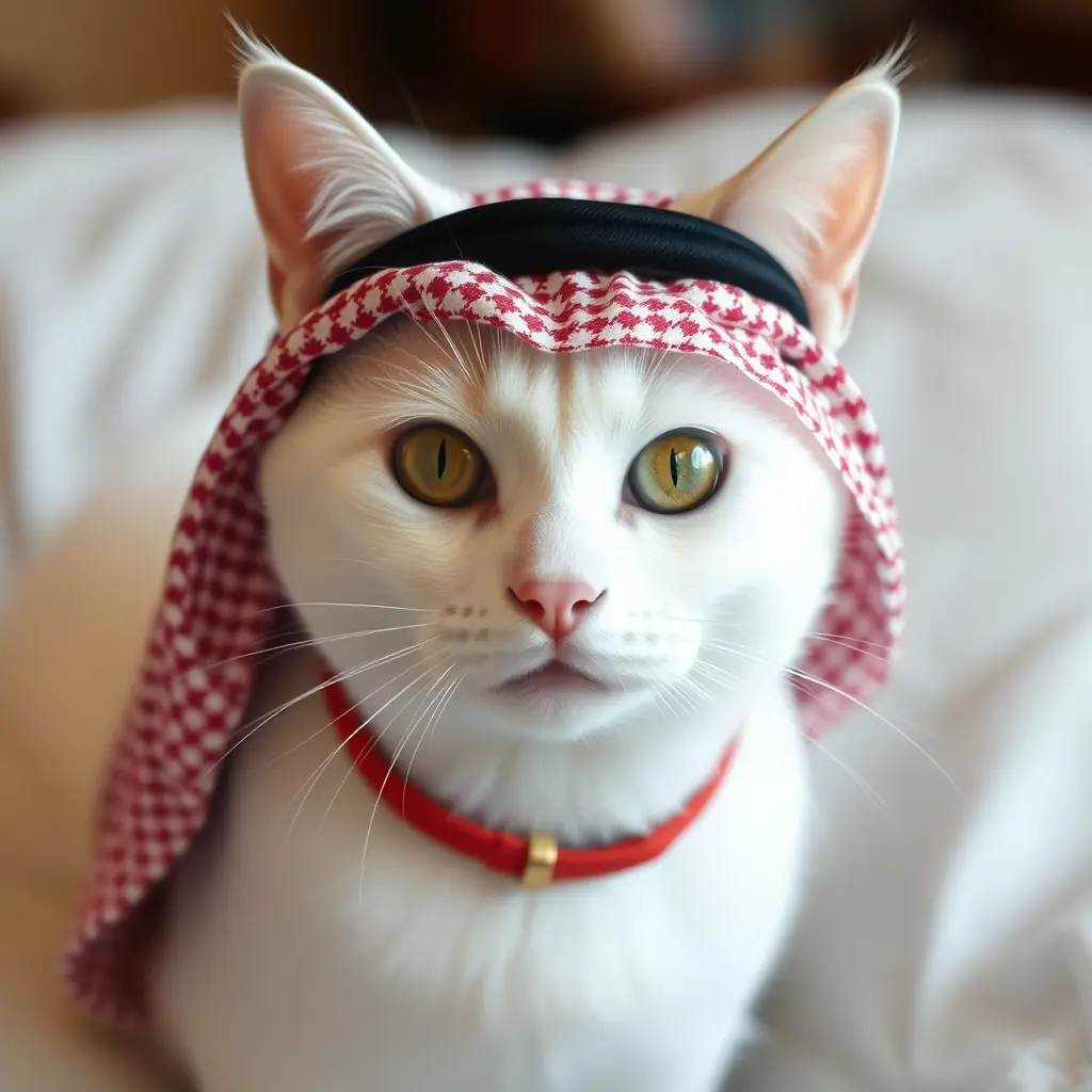 قط ابيص يلبس عقال سعودي