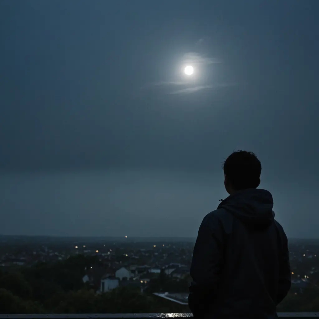 صوره شخص ينظر القمر ف يوم مظلم و ممطر