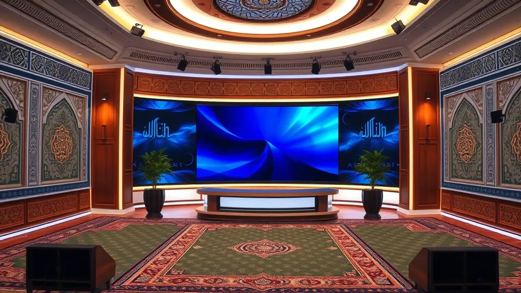 An elegant Islamic studio designed in a style that blends Islamic heritage with modern technology, suitable for television broadcasting, religious programs, and Islamic montage. Walls: Decorated with Islamic geometric patterns, with wooden accents and soft LED lighting to highlight details.
Colors: Warm shades such as deep sky, royal blue, olive green, and dark brown to create a relaxing, spiritual atmosphere.
Background: Large LED screen