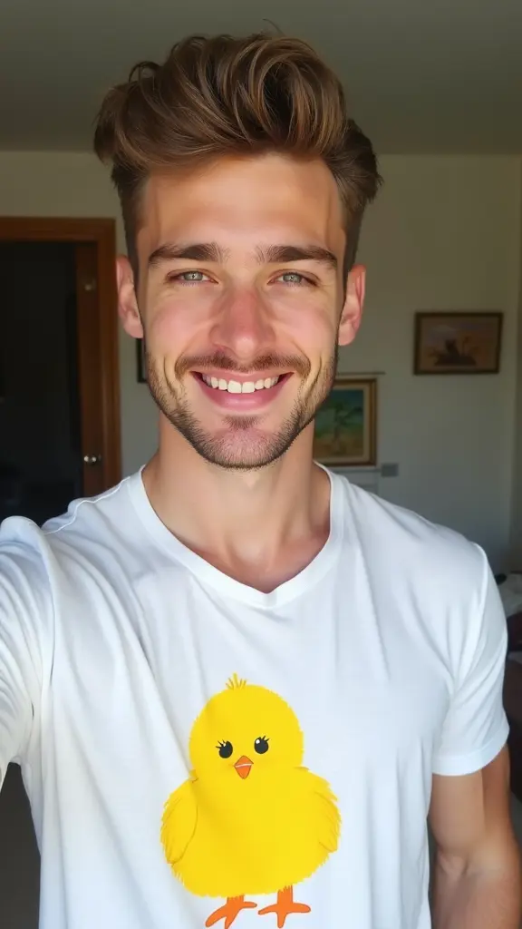 شاب وسيم ملامح حادة و جميلة جدا رموشه طويلة و فكه حاد يمتلك جسد عضلي و يرتدي تيشيرت ابيض اللون مرسوم على التيشيرت كتكوت اصفر اللون الصورة ذاتية قريبة من الوجه و مكان الصورة في المنزل