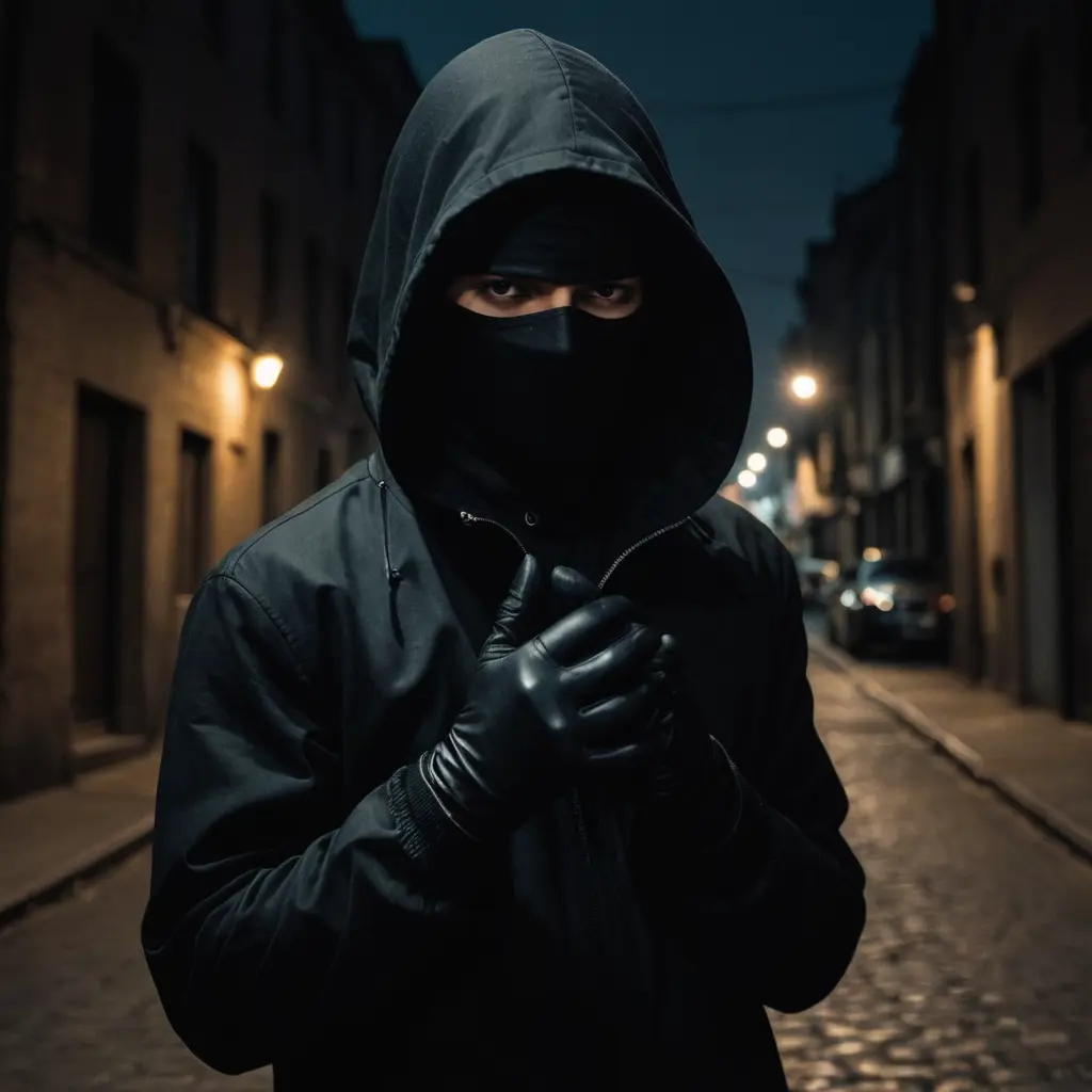 شخص غامض يرتدي ملابس سوداء بالكامل و جاكيت اسود و يضع الظونت فوق راسه و يلبس كمامه سوداء و قفاز اسود في شارع مظلم به انوار خافته
نسخ النص