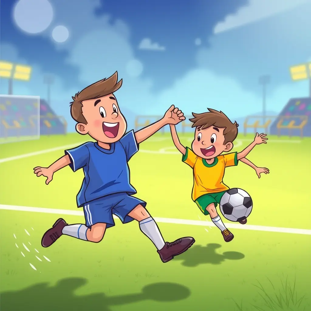 طفل كرتون يلعب بكرة القدم