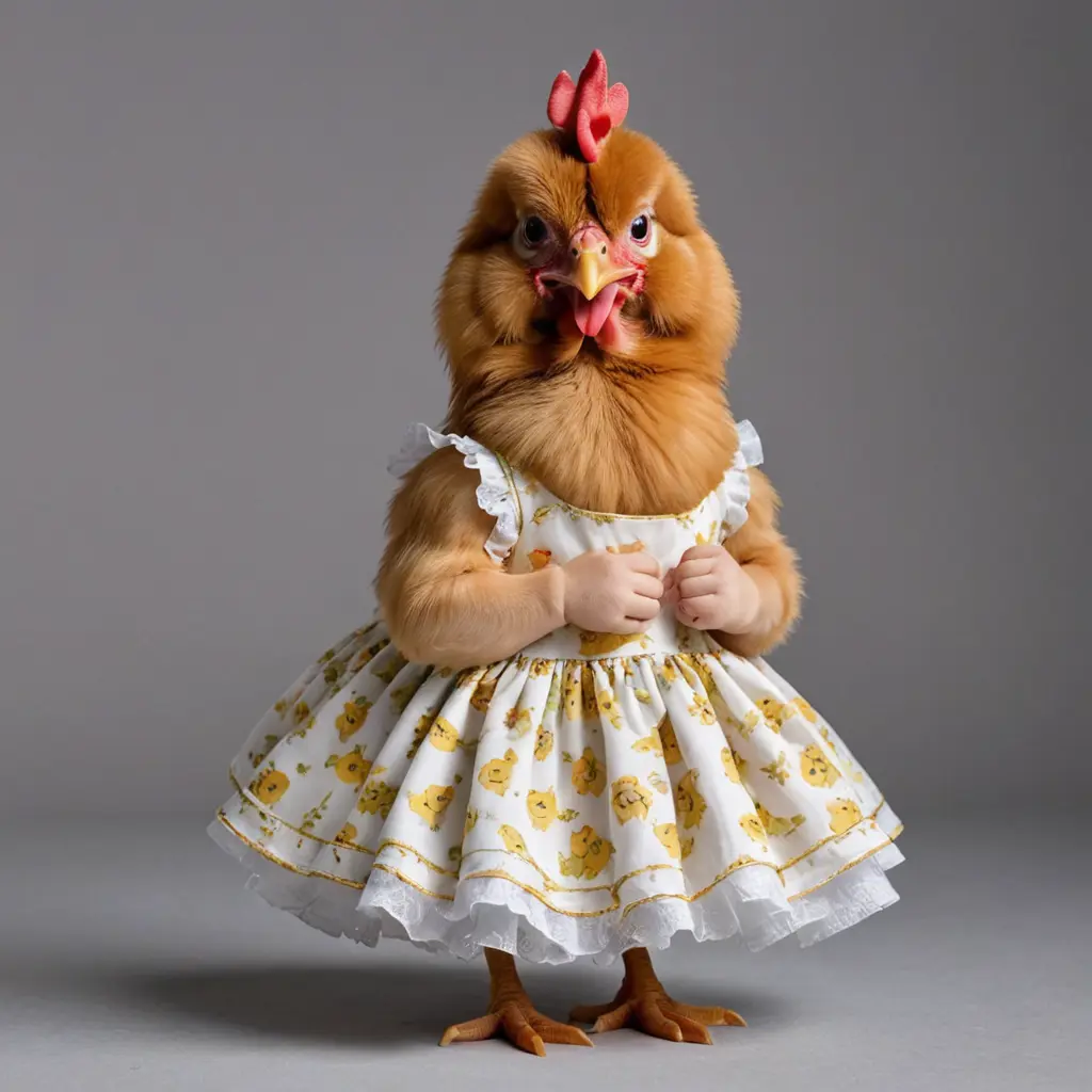 صورة دجاجة ترتدي فستان وتبكي