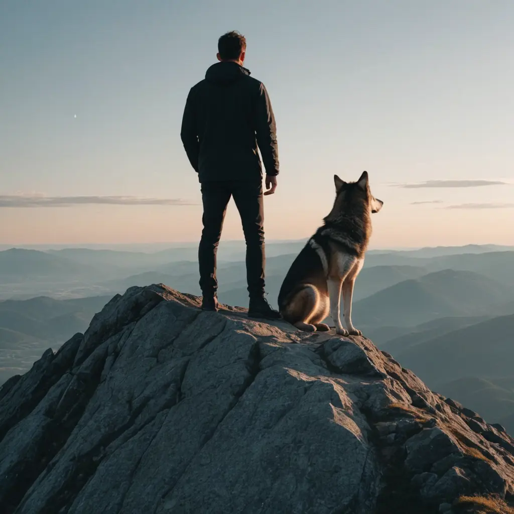 رجل وذئب على قمة الجبل